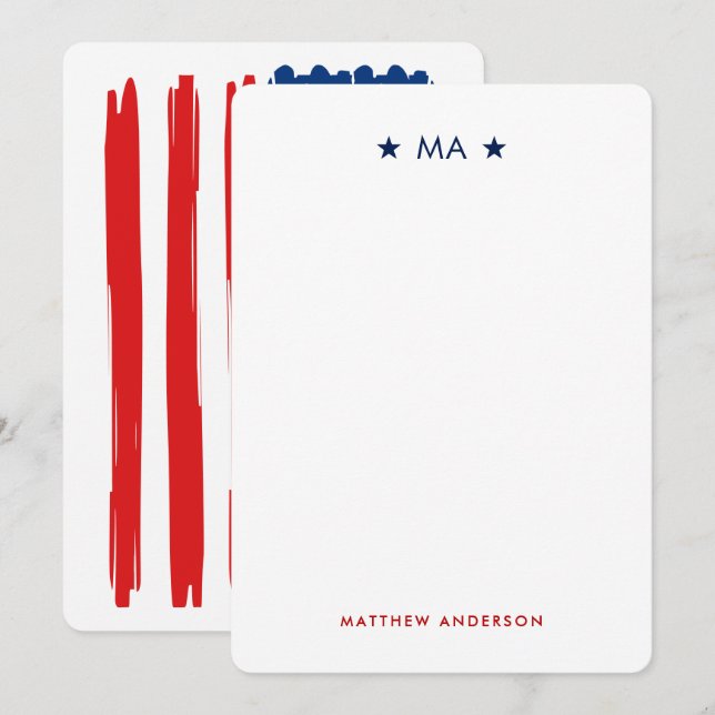 American Flag Monogram & Name Personal Stationery Card (Front/Back)