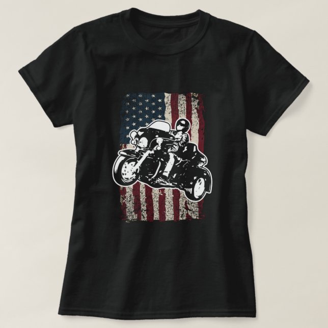 American Flag Motorcycle Trike Rider T-Shirt (Design Front)
