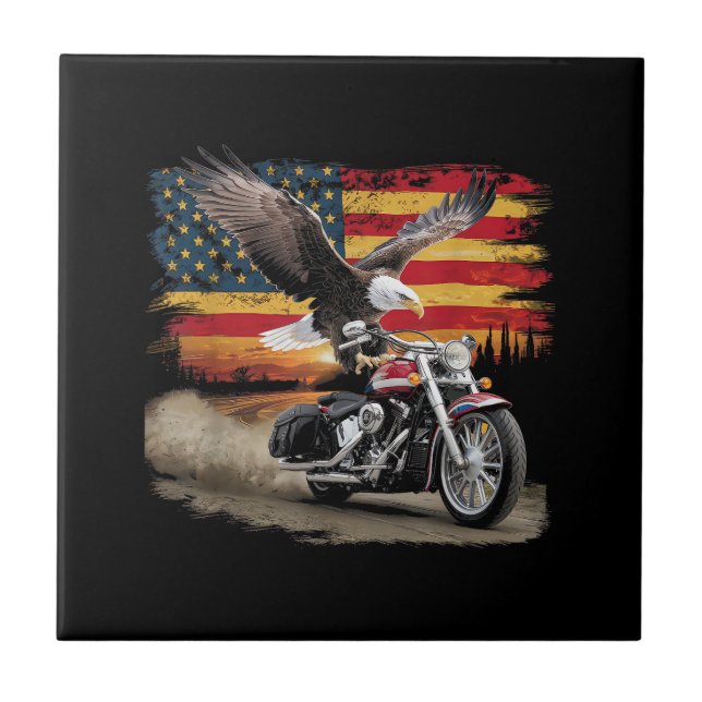 American Flag Motorcycle Tshirt USA Flag Biker Ret Tile (Front)