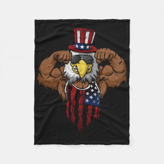 American Flag Muscular Bald Eagle Bike Flexing Unc Fleece Blanket (Front)