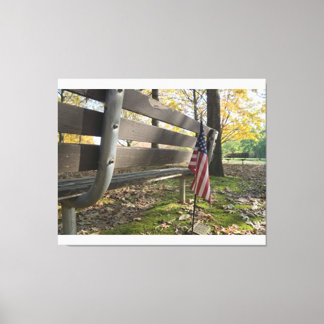 American Flag Near Park Bench Canvas Print (Front)