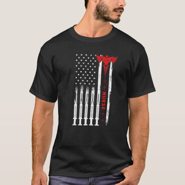 American Flag Nurse Day Red Line Nursing T-Shirt (Front)