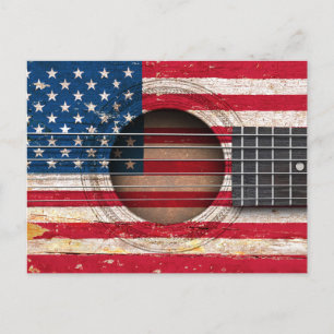 American Flag on Old Acoustic Guitar Postcard