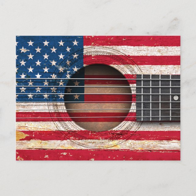 American Flag on Old Acoustic Guitar Postcard (Front)