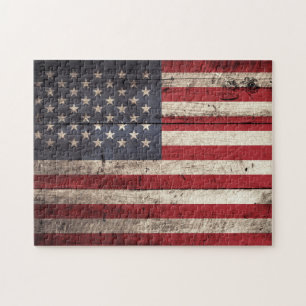 American Flag on Old Wood Grain Jigsaw Puzzle