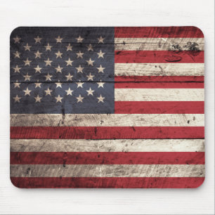 American Flag on Old Wood Grain Mouse Mat