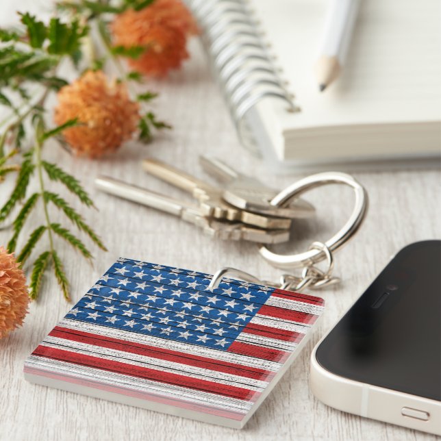 American Flag On Weathered Wooden Planks Pattern Key Ring (Front Right)