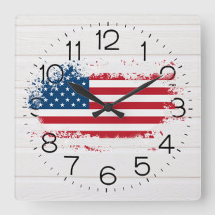 American Flag on White Wood Square Wall Clock