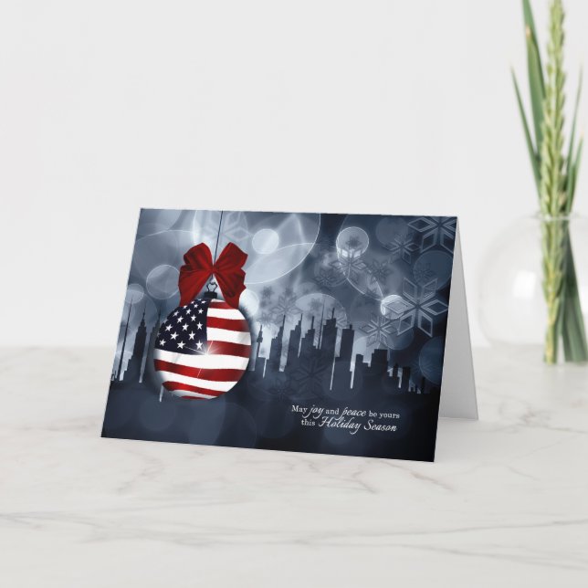 American Flag Ornament and Skyline  Christmas Holiday Card (Front)