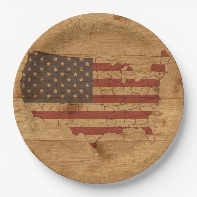 American Flag Over Rustic Wood | USA Patriotic Pap Paper Plate (Front)