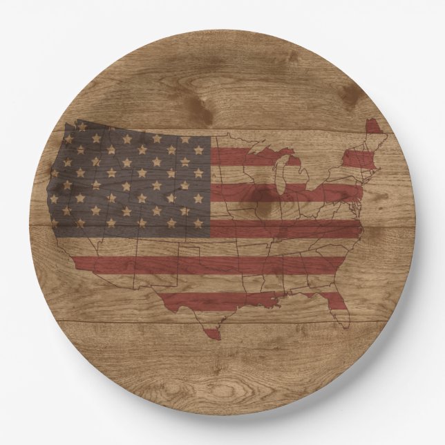 American Flag Over Rustic Wood | USA Patriotic Paper Plate (Front)
