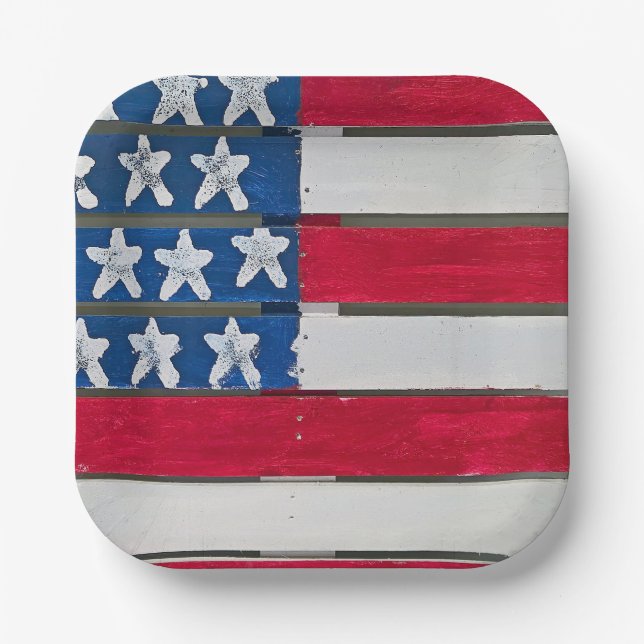 American Flag Painted On Wooden Pallet Paper Plate (Front)