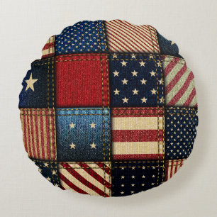 American Flag, Patchwork Seamless Pattern. Round Cushion