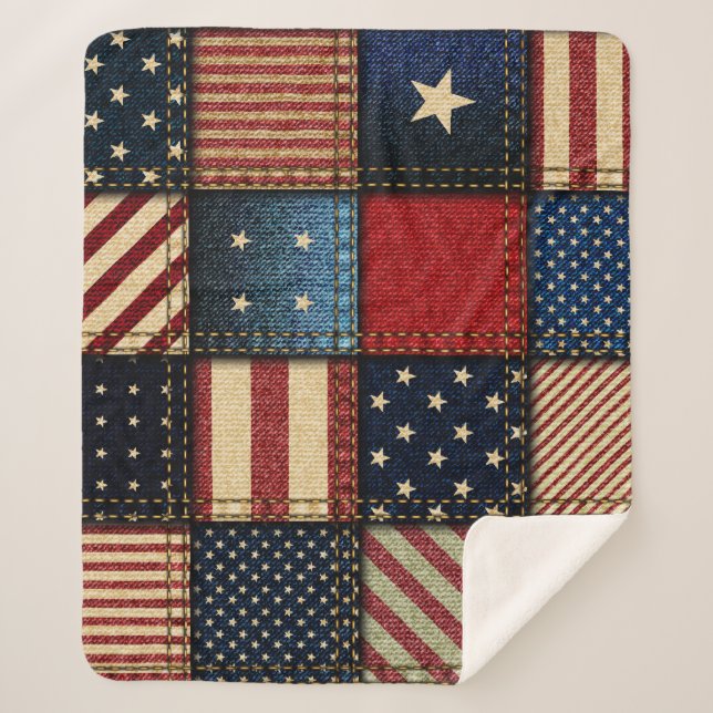American Flag, Patchwork Seamless Pattern. Sherpa Blanket (Front)