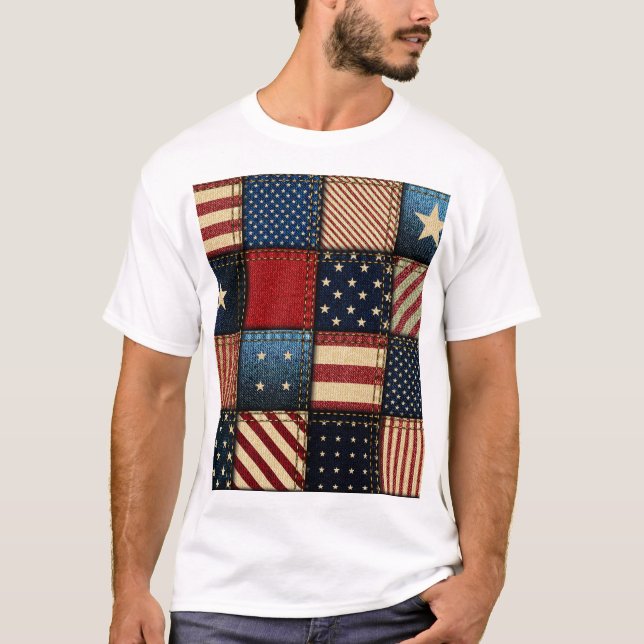 American Flag, Patchwork Seamless Pattern. T-Shirt (Front)