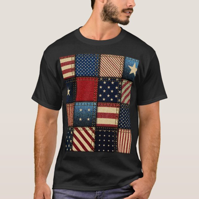American Flag, Patchwork Seamless Pattern. T-Shirt (Front)