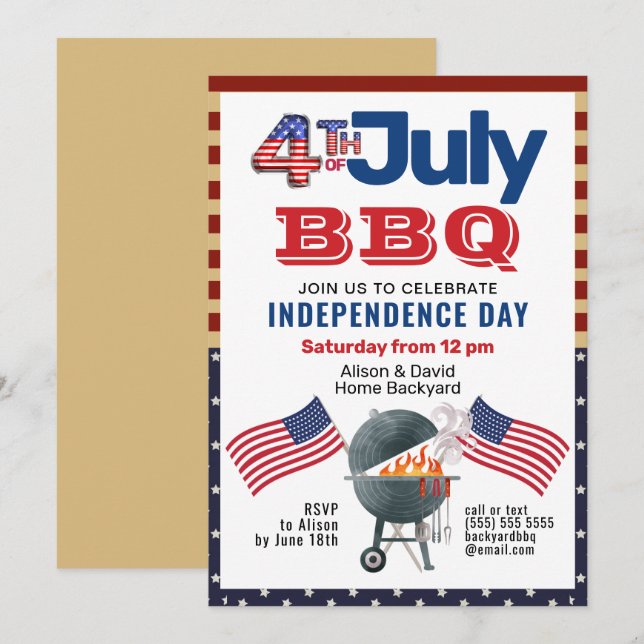 American Flag Patriotic 4th of July BBQ Invitation (Front/Back)