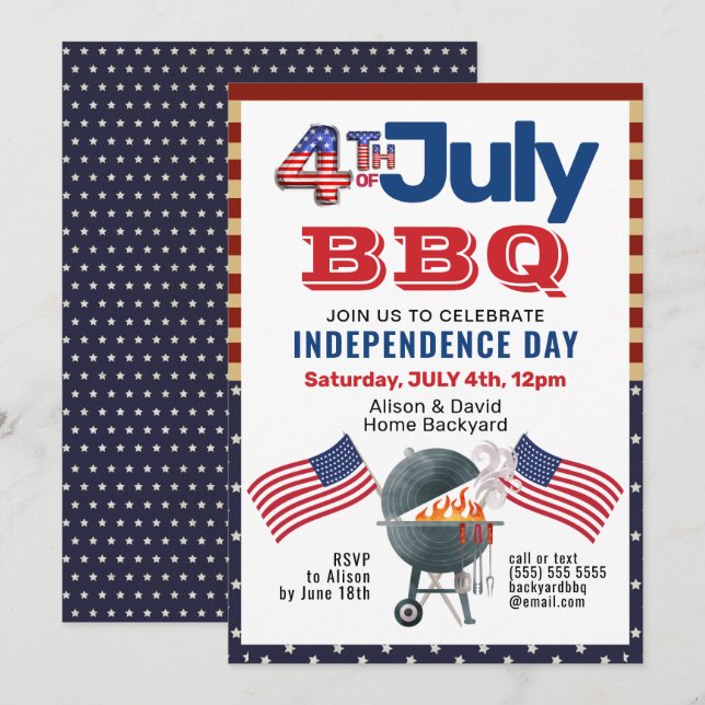 American Flag Patriotic 4th of July BBQ Party Invitation (Front/Back)