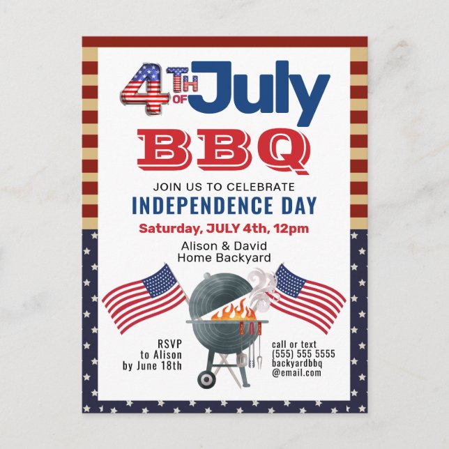 American Flag Patriotic 4th of July BBQ Party Invitation Postcard (Front)