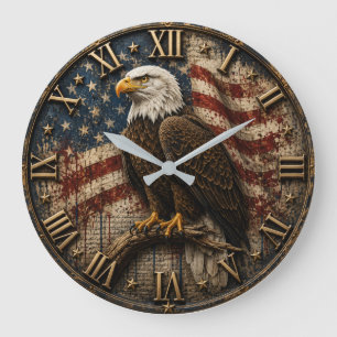 American Flag Patriotic Bald Eagle Large Clock