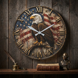 American Flag Patriotic Bald Eagle Large Clock