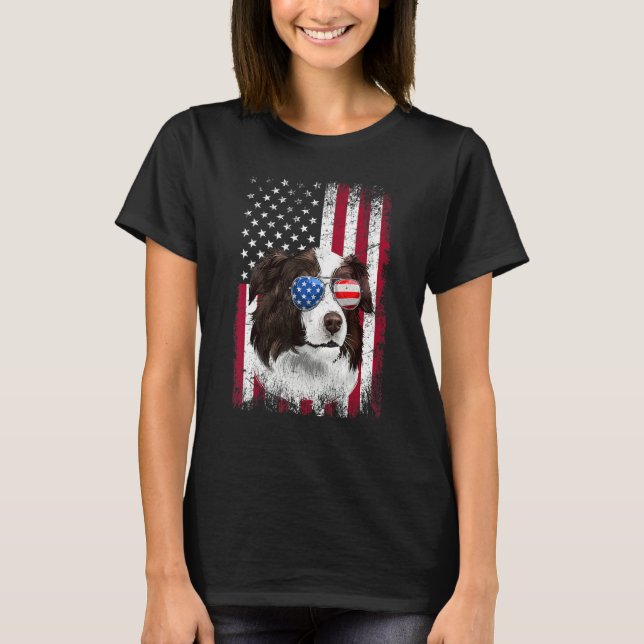 American Flag Patriotic Border Collie Dog  4th Of  T-Shirt (Front)