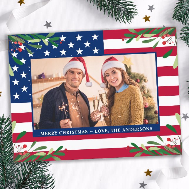 American Flag Patriotic Christmas Custom Photo  Holiday Postcard (Creator Uploaded)