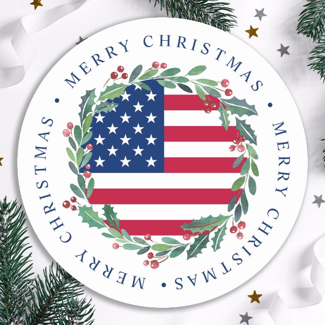 American Flag Patriotic Christmas Wreath  Classic  Classic Round Sticker (Creator Uploaded)