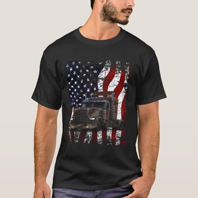 American Flag Patriotic Cool Truck Driver Trucker  T-Shirt (Front)