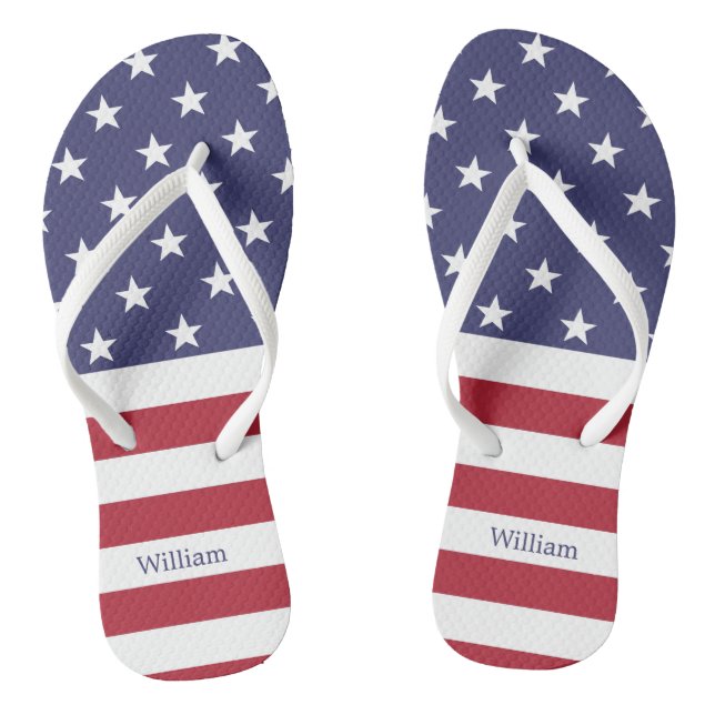American Flag Patriotic Custom Name Blue Red White Flip Flops (Footbed)