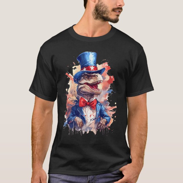 American Flag Patriotic Dinosaur 4th Of July T-Shirt (Front)