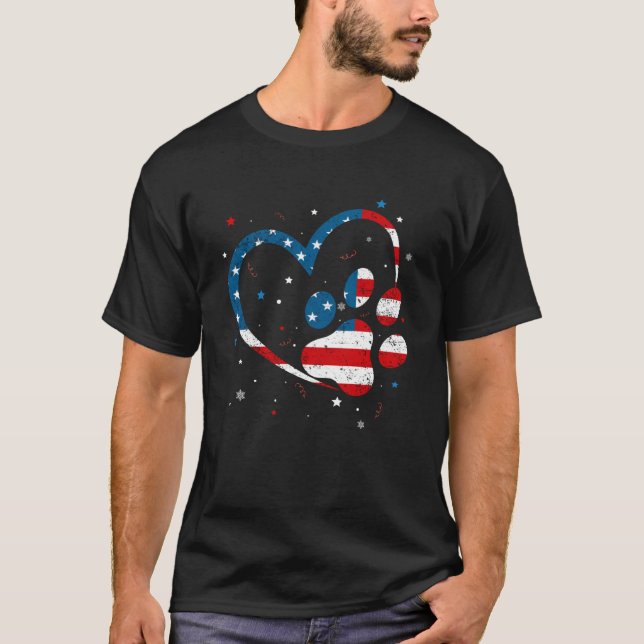 American Flag Patriotic Dog & Cat Paw Print  4th O T-Shirt (Front)