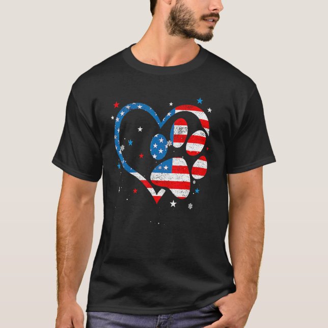 American Flag Patriotic Dog & Cat Paw Print 4th Of T-Shirt (Front)