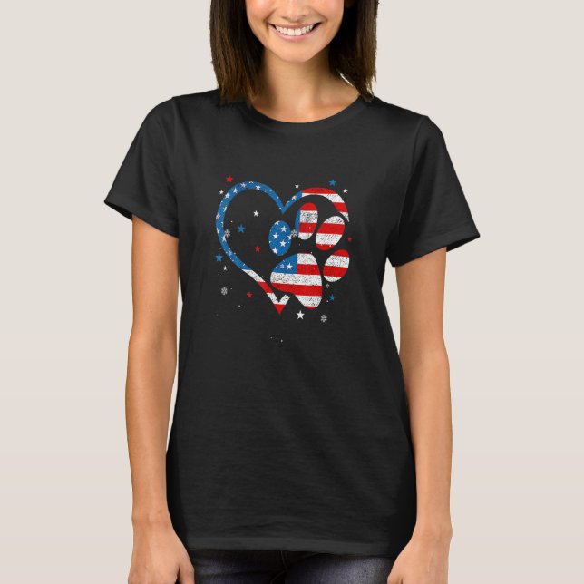 American Flag Patriotic Dog Paw Print 4 H Of July T-Shirt (Front)