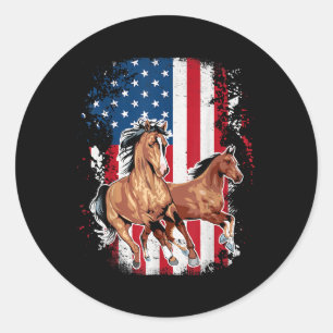American Flag Patriotic Horse Horseback Riding Far Classic Round Sticker