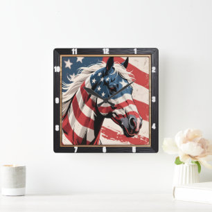 American Flag Patriotic Horse Square Wall Clock