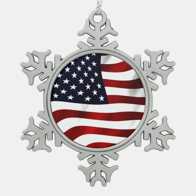 American Flag Patriotic Independence Day Snowflake Pewter Christmas Ornament (Front)