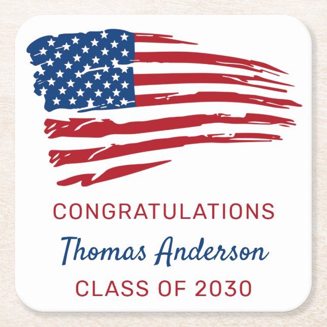 American Flag Patriotic Military Graduation Square Paper Coaster (Front)
