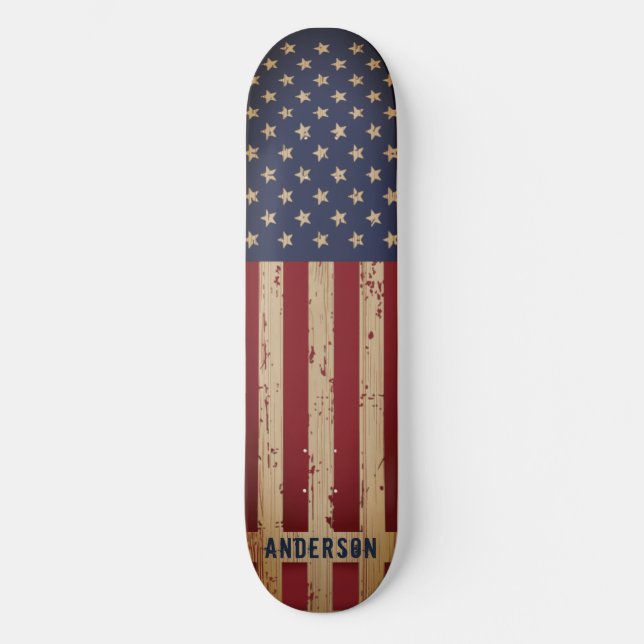 American Flag Patriotic Personalised Rustic Wood Skateboard (Front)