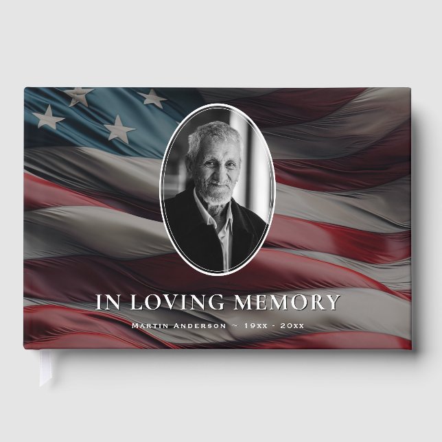 American Flag Patriotic Photo Funeral Memorial Guest Book (Front)