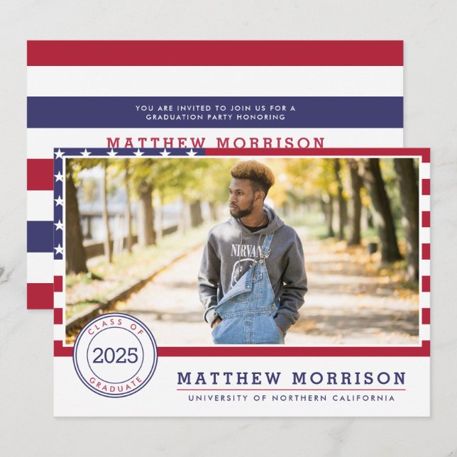 American Flag | Patriotic Photo Graduation Party Invitation (Front/Back)