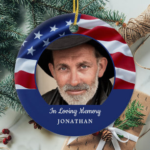 American Flag Patriotic Photo Memorial Ceramic Tree Decoration