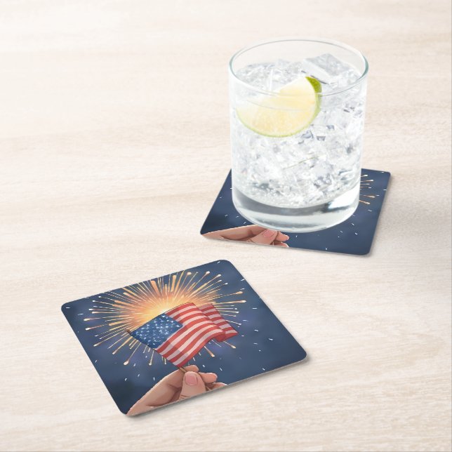 American Flag Patriotic Watercolor Painting  Square Paper Coaster (Insitu)