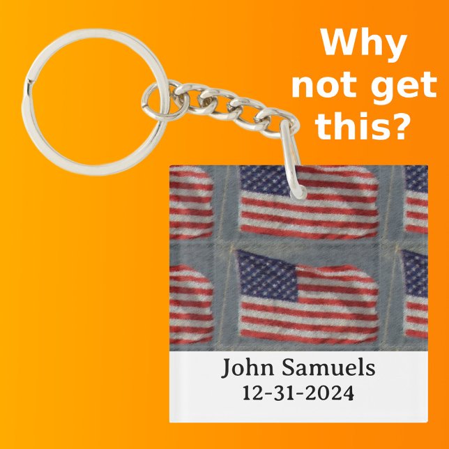 American Flag Pattern Red White Blue Name Date Key Ring (Front with Background)