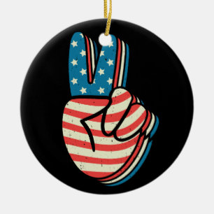 American Flag Peace Sign Hand 4th of July  Ceramic Tree Decoration