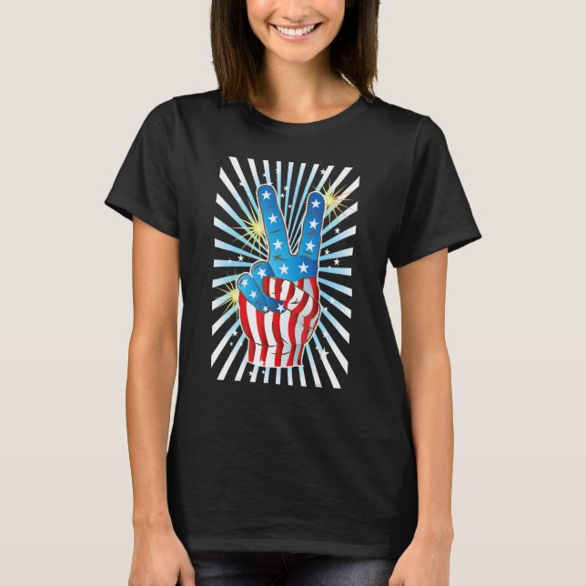 American Flag Peace Sign Hand   Fourth of July T-Shirt (Front)