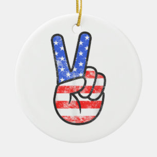 American Flag Peace Sign Hand T-Shirt Fourth of Ju Ceramic Tree Decoration