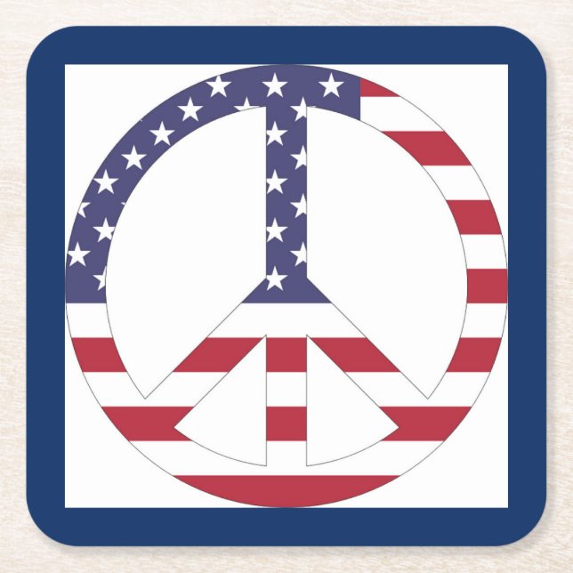 AMERICAN FLAG PEACE SIGN SQUARE PAPER COASTER (Front)