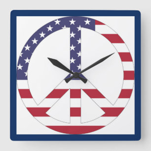 AMERICAN FLAG PEACE SIGN SQUARE WALL CLOCK