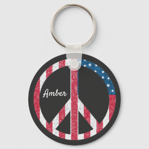 American Flag Peace Sign Vintage Red White & Blue Key Ring